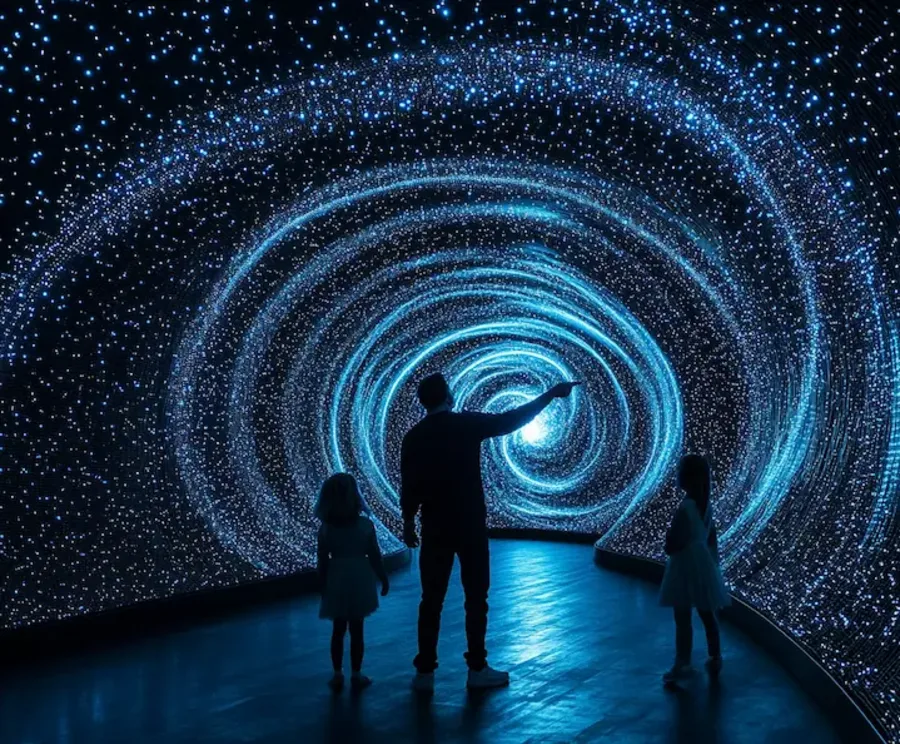 A man and two children stand in the center of an immersion